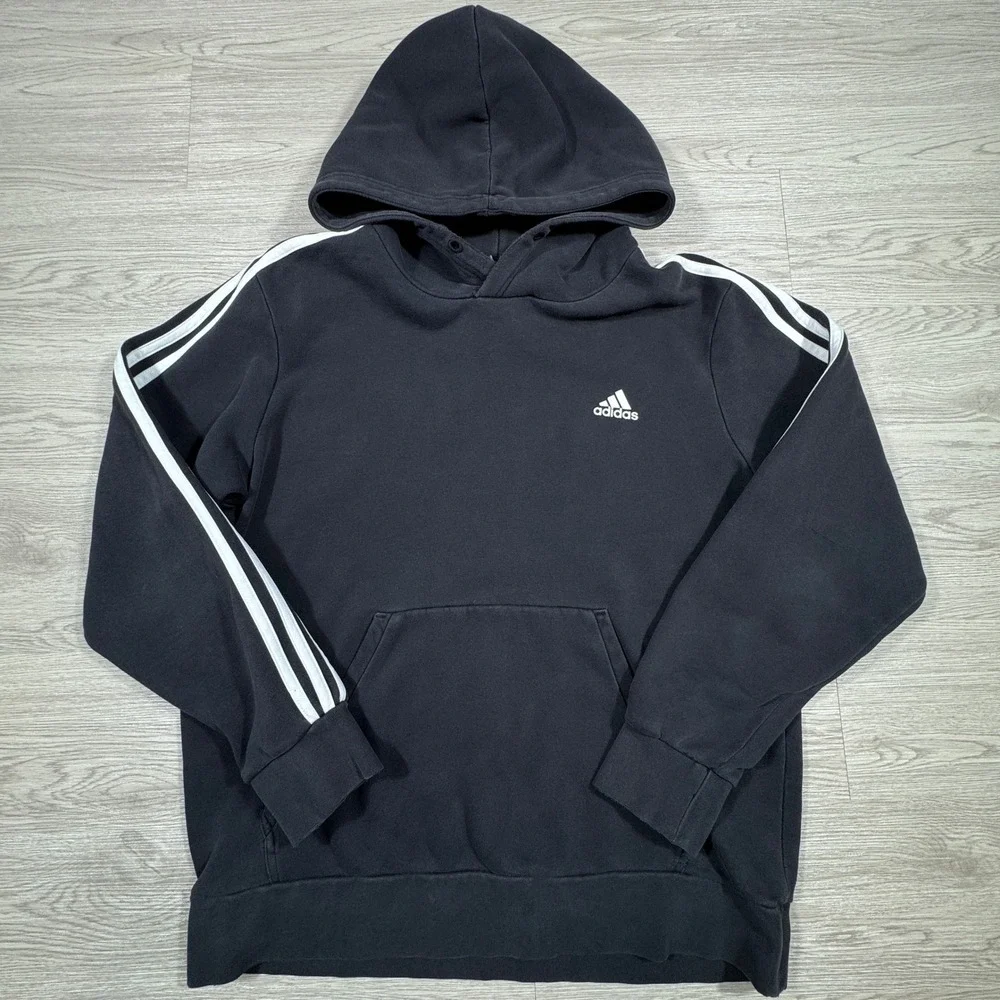 Adidas Men's Hoodie Pullover 3-Stripe Fleece‎ Logo Black Small Pocket